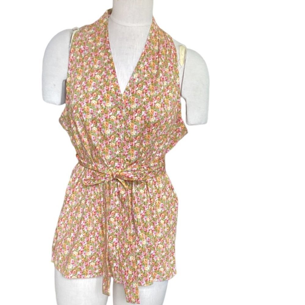 Talbots Sleeveless Ditsy Floral V-Neck Tie Waist‎ Blouse Sz 14 115G